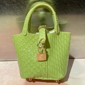 👜🐊Handmade Mini Lime Green Crocodile Embossed Brahmin Bucket Bag Charm Miniature